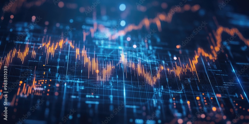 Digital data visualization with networked lines and charts, showing financial market trends and technology advancements. Digital data visualization with networked lines and charts, showing financial market trends and technology advancements.