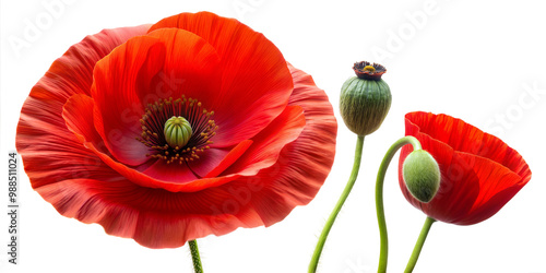 Bright Red Poppy Flower with Bud and Seed Pod - Isolated on White Background