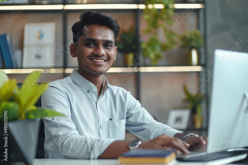 Young man working on laptop at desk in modern office setting.