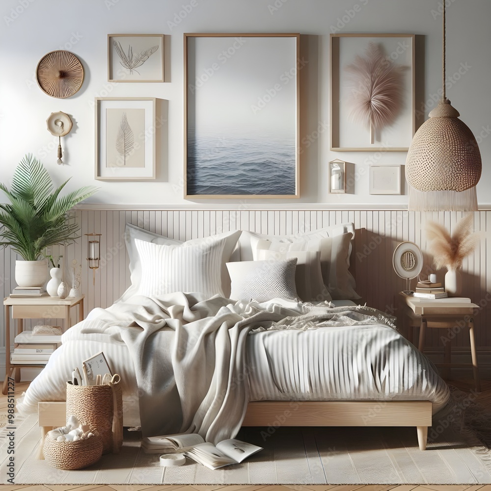 Fototapeta premium Mockup frame in bedroom interior background, Coastal boho style, 3d render