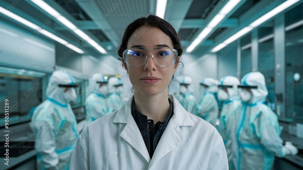 Beautiful young woman scientist wearing white coat and glasses in modern Medical Science Laboratory with Team of Specialists on background. Beautiful young woman scientist wearing white coat and glasses in modern Medical Science Laboratory with Team of Specialists on background.