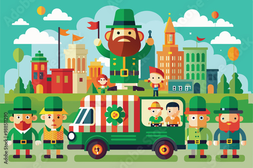 Lively celebration features cheerful leprechauns, colorful floats, and excited spectators enjoying St. Patrick's Day traditions in a vibrant city setting.