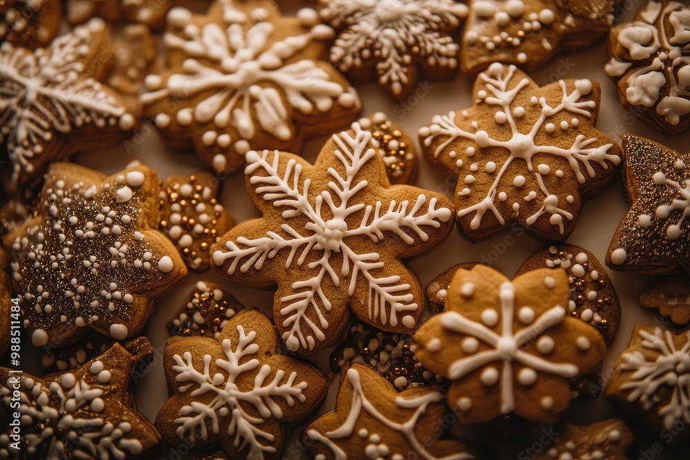 Festive holiday cookies decorated with white icing in a snowflake design Festive holiday cookies decorated with white icing in a snowflake design