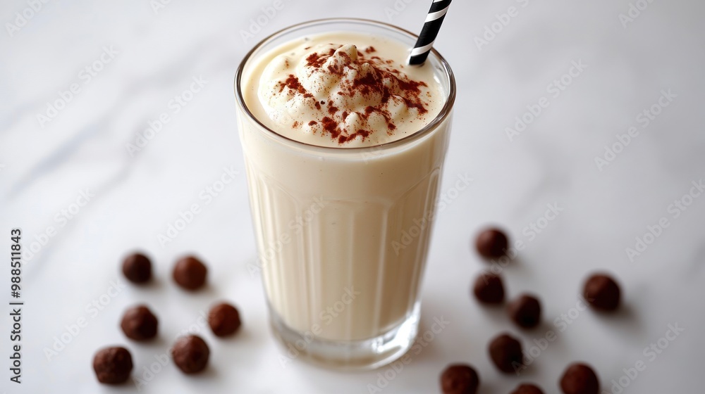 Close-up of a creamy milkshake with chocolate sprinkles and a straw, surrounded by chocolate candies on a white marble background. Close-up of a creamy milkshake with chocolate sprinkles and a straw, surrounded by chocolate candies on a white marble background.