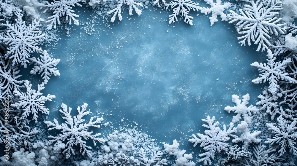 Close-up view of delicate, frost-covered snowflakes with intricate patterns, framed by soft, icy branches. The blurred blue background with falling snow creates a serene, wintery atmosphere. Close-up view of delicate, frost-covered snowflakes with intricate patterns, framed by soft, icy branches. The blurred blue background with falling snow creates a serene, wintery atmosphere.