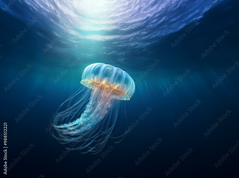 A translucent jellyfish with long tentacles floats in the deep blue ocean with sunlight shining through the surface. A translucent jellyfish with long tentacles floats in the deep blue ocean with sunlight shining through the surface.
