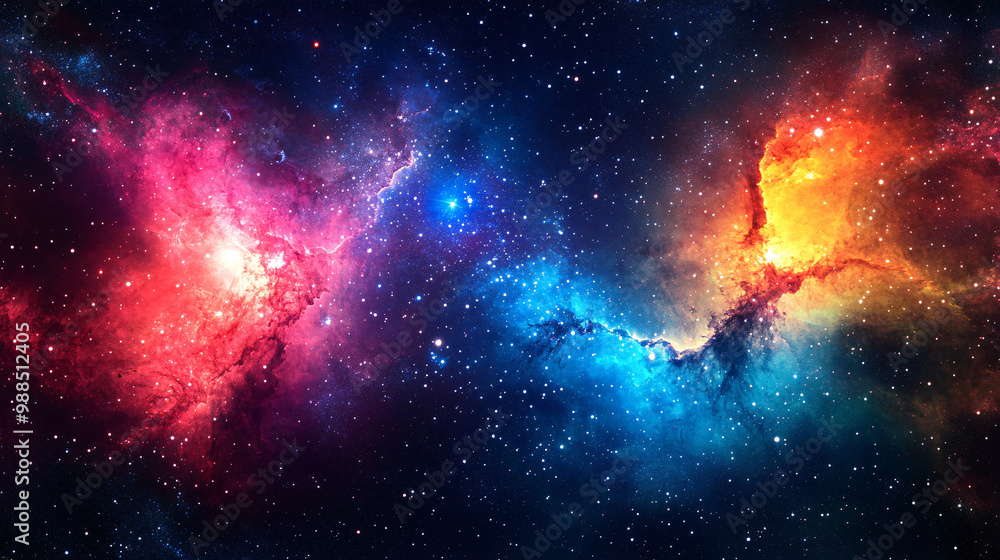 Naklejka premium Colorful space galaxy cloud nebula in the starry night cosmos, featuring vibrant supernovae and intricate patterns, ideal for universe science and astronomy backgrounds or wallpapers, capturing the be