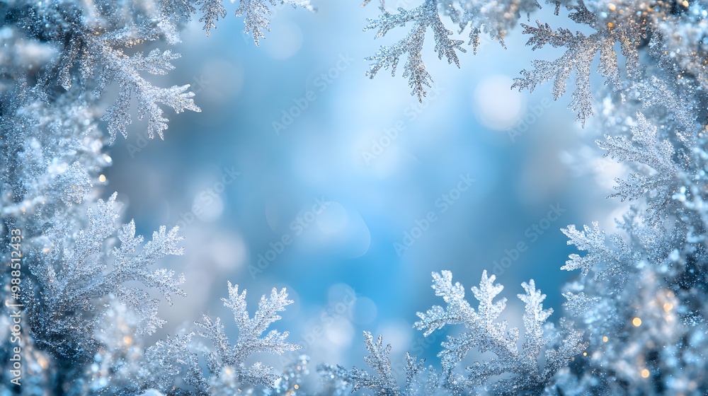 Close-up view of delicate, frost-covered snowflakes with intricate patterns, framed by soft, icy branches. The blurred blue background with falling snow creates a serene, wintery atmosphere. Close-up view of delicate, frost-covered snowflakes with intricate patterns, framed by soft, icy branches. The blurred blue background with falling snow creates a serene, wintery atmosphere.