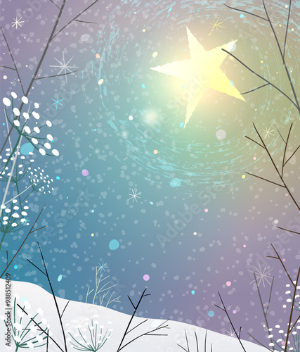 Winter night dreamy stars in sky background, frozen cold landscape with branches and flowers. Christmas or New Year nature scenery landscape. Vector background illustration in watercolor style.