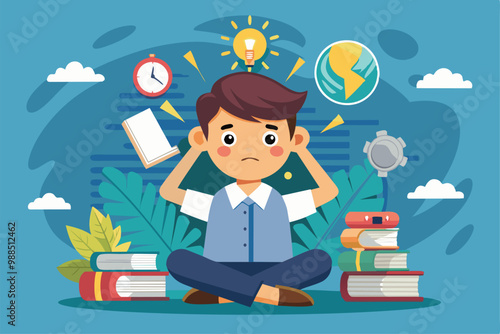 A worried student sits amidst stacks of books and clocks, surrounded by symbols of stress like lightning and lightbulbs, reflecting the pressure of studying.