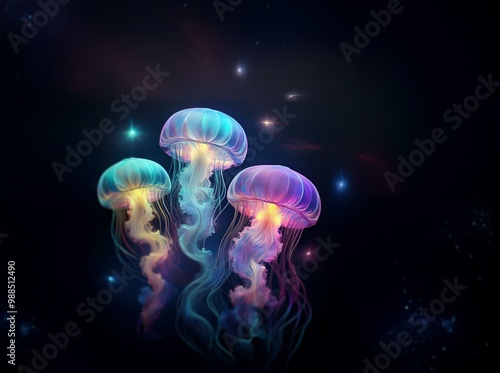 Three bioluminescent jellyfish with long, flowing tentacles float against a dark background with scattered stars.