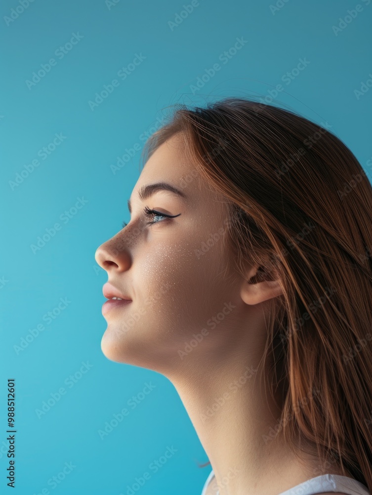 Portrait of a female with glittery eyeshadow and lipstick, gazing at the sky Portrait of a female with glittery eyeshadow and lipstick, gazing at the sky