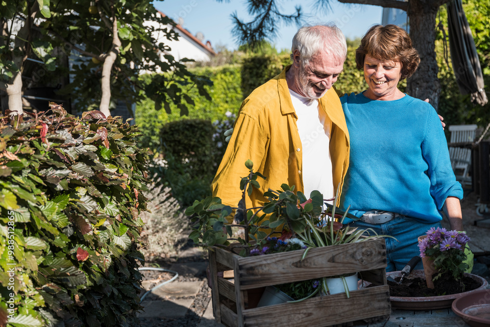 Affectionate senior couple standing near table with crate of potted plants at back yard Affectionate senior couple standing near table with crate of potted plants at back yard
