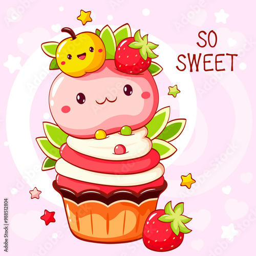 Card with cute dessert in kawaii style. Cake, muffin and cupcake with whipped cream and berry. Inscription So sweet. Can be used for t-shirt print, sticker, greeting card. Vector illustration EPS8