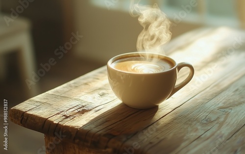 Steaming Coffee Cup on Rustic Table with Morning Sunlight