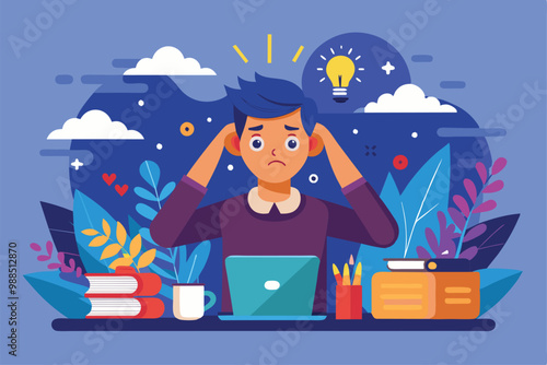 Young student looks stressed while studying at home, surrounded by books, plants, and a laptop, lost in thought with a lightbulb above symbolizing ideas.