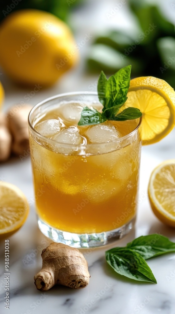 A refreshing iced tea with lemon and basil garnishes, served in a glass with ice and surrounded by lemons and ginger. A refreshing iced tea with lemon and basil garnishes, served in a glass with ice and surrounded by lemons and ginger.