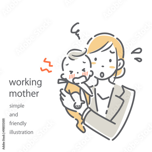働くお母さんと赤ちゃん　シンプルでお洒落な線画イラスト