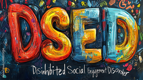 The image features large, vibrant letters spelling out 'DSED' with additional artistic elements around, representing Disinhibited Social Engagement Disorder (DSED). photo