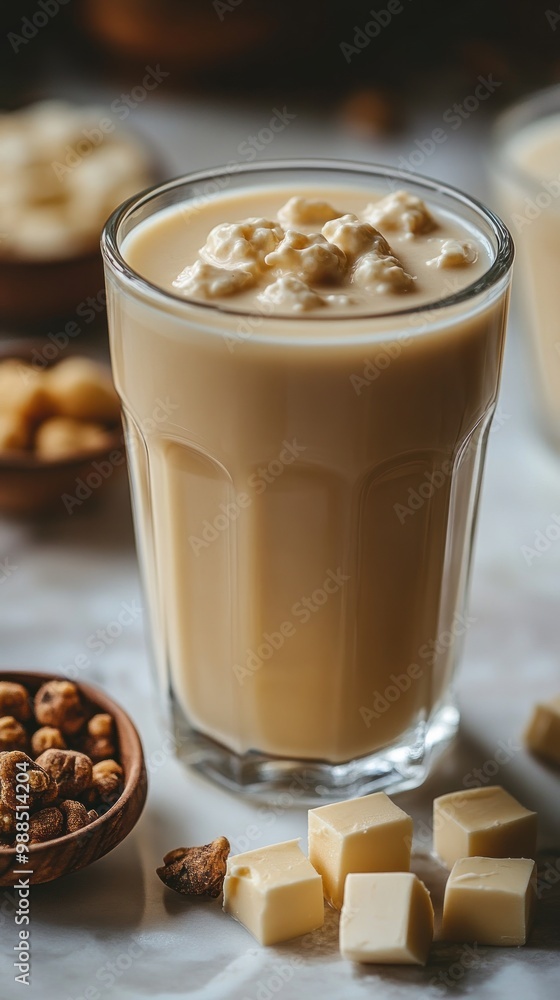 A tall glass of creamy white chocolate milkshake with white chocolate pieces and macadamia nuts on a white marble surface. A tall glass of creamy white chocolate milkshake with white chocolate pieces and macadamia nuts on a white marble surface.