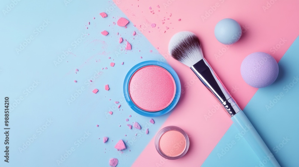 Colorful makeup items on a pink and blue backdrop, with pink glitter sprinkles adding a dynamic effect. Colorful makeup items on a pink and blue backdrop, with pink glitter sprinkles adding a dynamic effect.