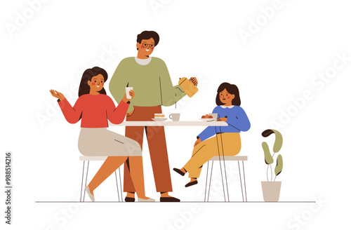 Family drink tea together in the kitchen. Father, mother and daughter talking and have breakfast. Generation friendship concept. Vector illustration