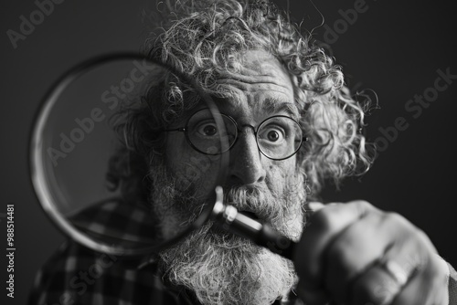 Man in glasses holding a microscope, looking surprised or intrigued by what he sees. photo