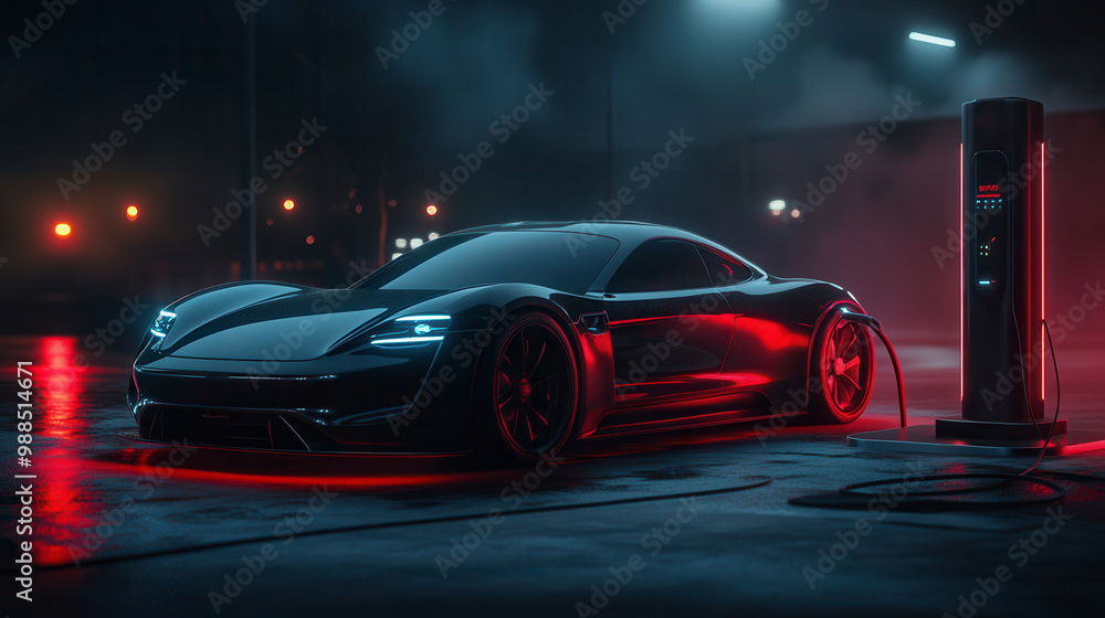 Sleek black electric sports car charging at night with red lights reflecting on it Sleek black electric sports car charging at night with red lights reflecting on it