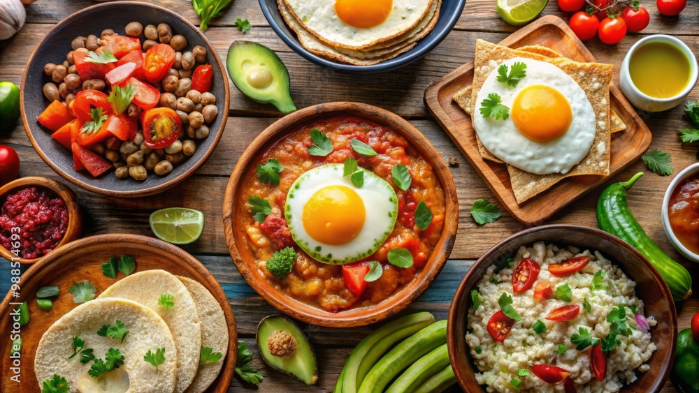 Savory scents waft from a vibrant spread of traditional Mexican breakfast dishes: fluffy eggs, comforting beans, fluffy Savory scents waft from a vibrant spread of traditional Mexican breakfast dishes: fluffy eggs, comforting beans, fluffy