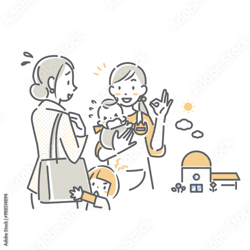 保育園に子供を預けるお母さんと保育士　シンプルでお洒落な線画イラスト