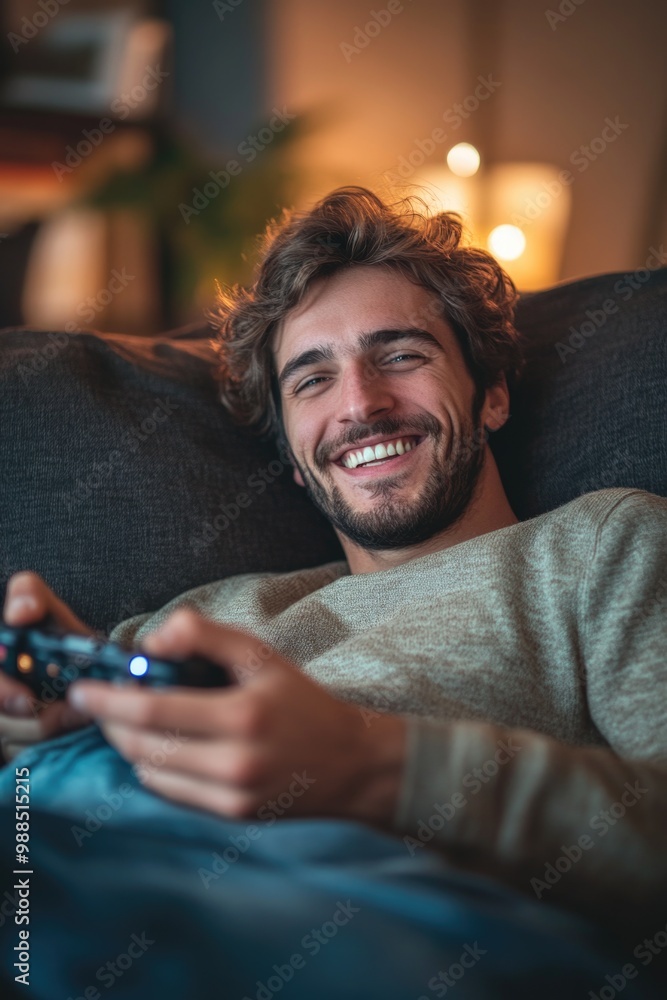 Obraz premium Smiling man laying down on a couch, holding a game controller and looking at the camera with delight.
