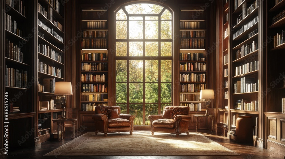 Classic Library Interior with Large Window and Armchairs Classic Library Interior with Large Window and Armchairs