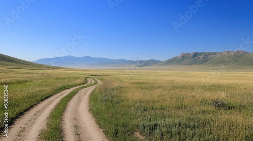 A winding dirt road stretches across open grasslands with mountains in the background and a clear blue sky overhead