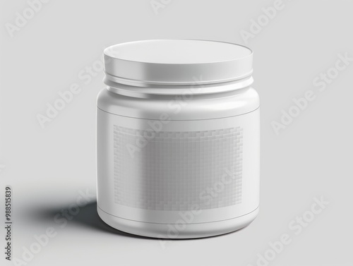 Pill bottle on clear stand with label and blurred background. Healthcare and medicine concept.