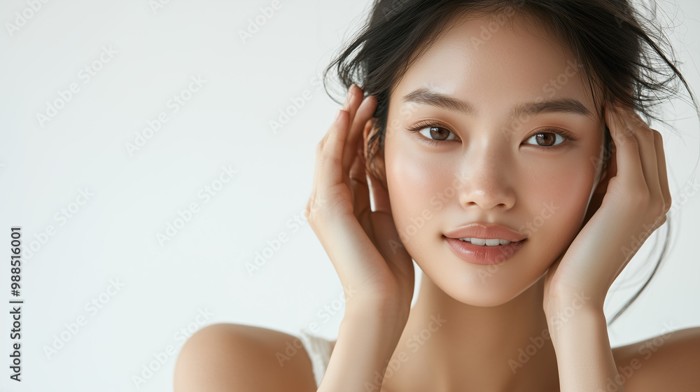 Radiant Asian Model with Dewy Skin Applying Makeup in a Minimalist Chic Setting Emphasizing Light and Airy Neutral Tones Radiant Asian Model with Dewy Skin Applying Makeup in a Minimalist Chic Setting Emphasizing Light and Airy Neutral Tones