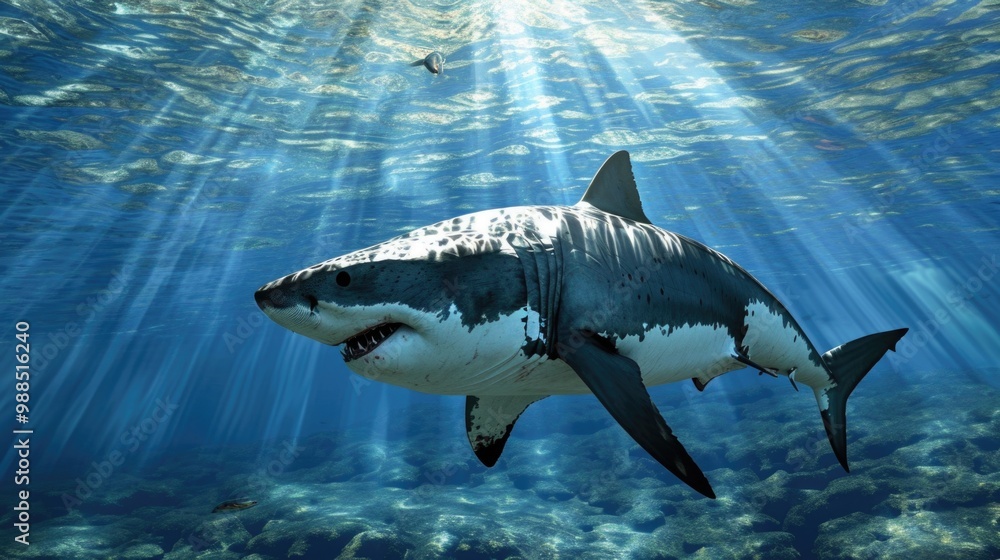 Fototapeta premium A great white shark swims through the depths of the ocean.