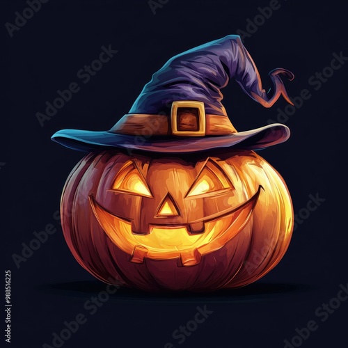 Cartoon halloween realistic pumpkin wearing witch hat isolated