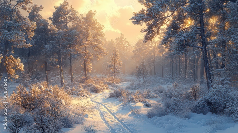 Naklejka premium Winter path winding through a snowy forest at sunset