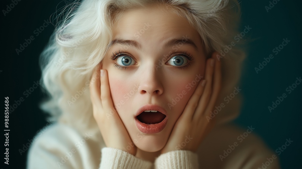 Surprised young woman with blonde curly hair expressing shock and amazement in a softly lit indoor setting. Surprised young woman with blonde curly hair expressing shock and amazement in a softly lit indoor setting.