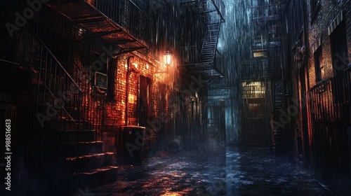 Rainy Night in the Dark Alley, Mysterious and Moody Urban Landscape