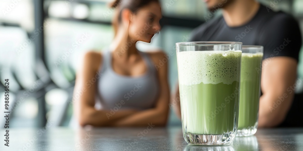 Two glasses of green smoothie with a blurry image of a man and a woman in the background. Two glasses of green smoothie with a blurry image of a man and a woman in the background.