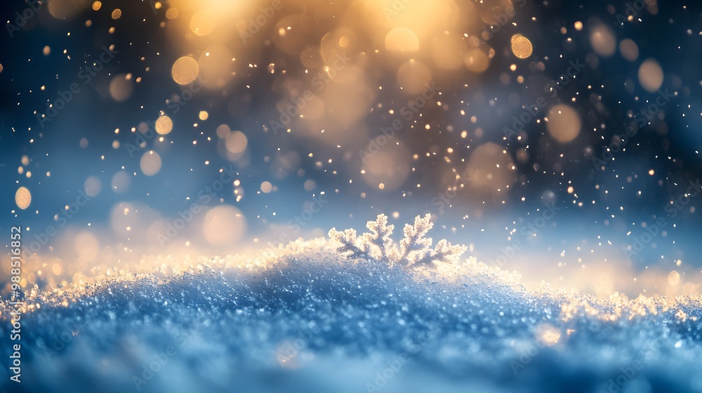 Obraz premium Close-up view of delicate, frost-covered snowflakes with intricate patterns, framed by soft, icy branches. The blurred blue background with falling snow creates a serene, wintery atmosphere.