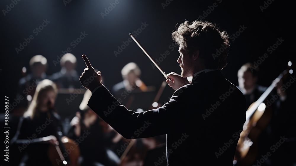 Fototapeta premium Conductor Leading Orchestra in a Dramatic Performance