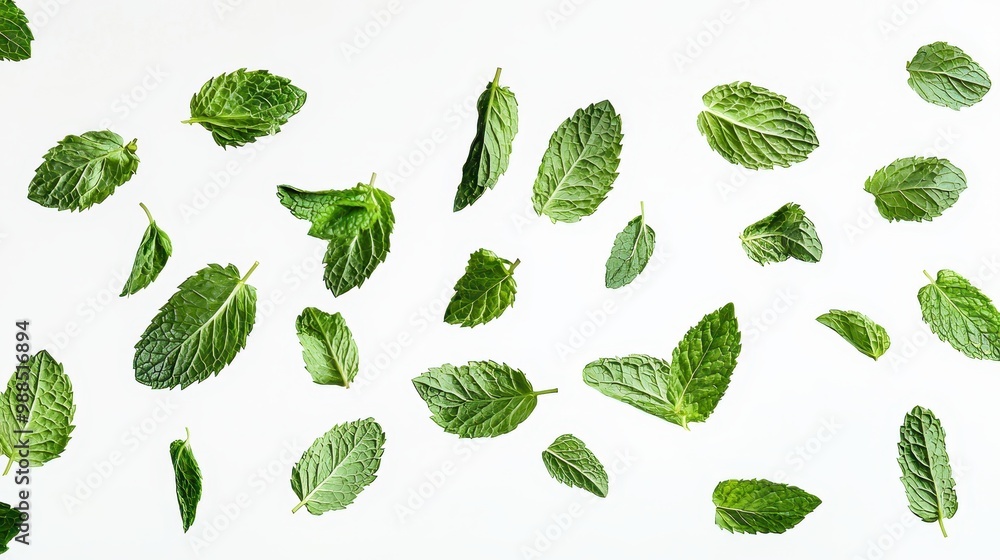 Fresh mint leaves falling in mid-air, isolated on a clean white background, highlighting their vibrant green color and texture. Fresh mint leaves falling in mid-air, isolated on a clean white background, highlighting their vibrant green color and texture.