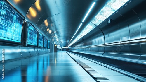 Futuristic Underground Tunnel with Moving Walkway and Digital Displays