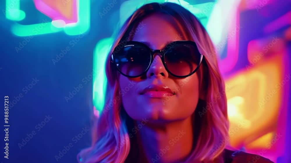 Stylish woman in sunglasses with neon lights in vibrant urban setting Stylish woman in sunglasses with neon lights in vibrant urban setting
