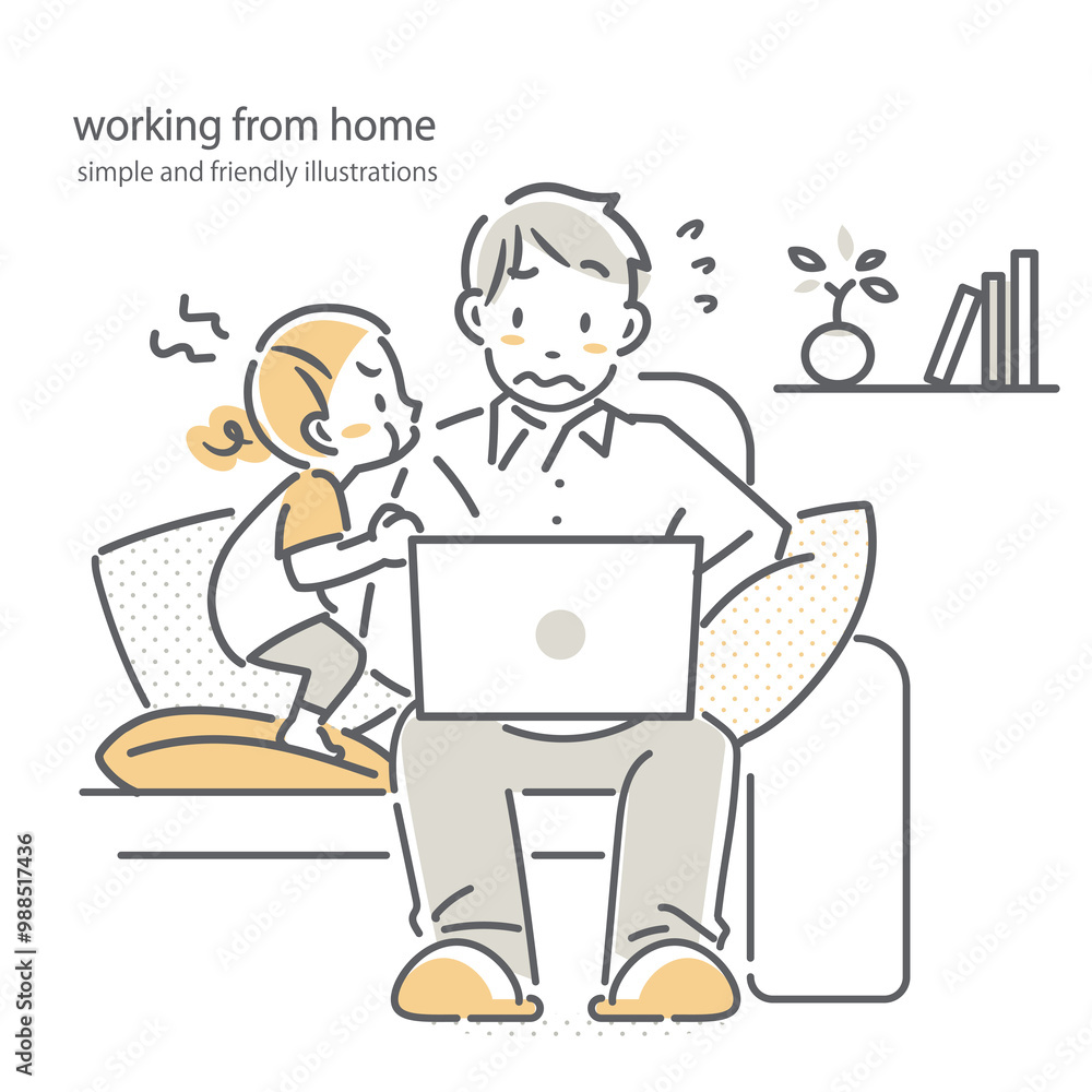 自宅でのテレワークに苦労するお父さん　シンプルでお洒落な線画イラスト