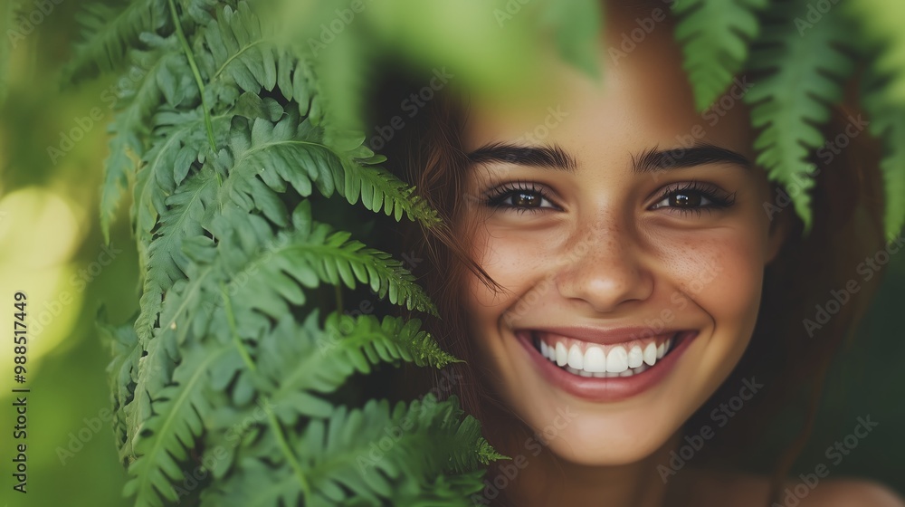 A young woman smiles bright while playfully peering from behind lush green ferns in a sunlit garden setting A young woman smiles bright while playfully peering from behind lush green ferns in a sunlit garden setting