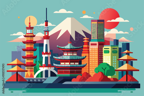 Explore a vibrant illustration featuring Tokyo’s famous landmarks, including Mount Fuji, traditional pagodas, and modern skyscrapers surrounded by nature.