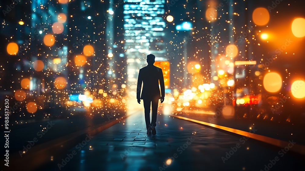 A lone figure walks down a city street at night, the city lights reflecting off the wet pavement. A lone figure walks down a city street at night, the city lights reflecting off the wet pavement.